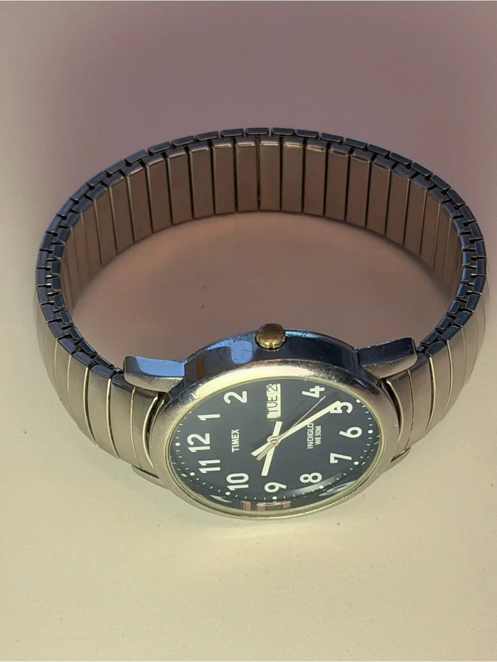 Timex Indiglo Blue Dial Day/Date Watch with Silver Expansion Band - New Battery